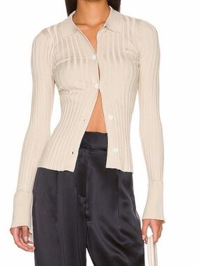 Ribbed Collared Button-Up Cardigan Sweater - Cream